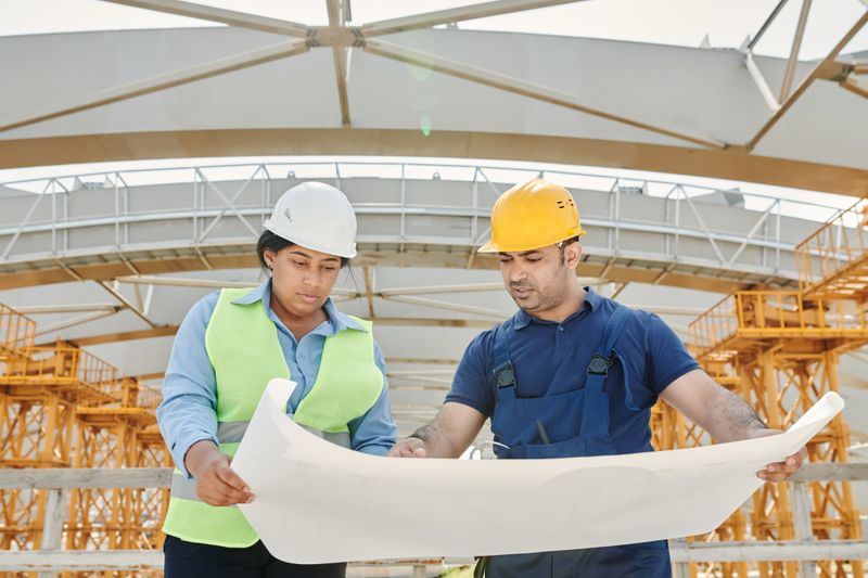 two people looking at a commercial construction plan